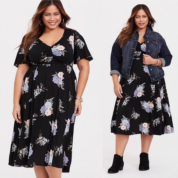 torrid Dresses & Skirts - NWT Torrid Black Floral Flutter Midi Dress Size 2X